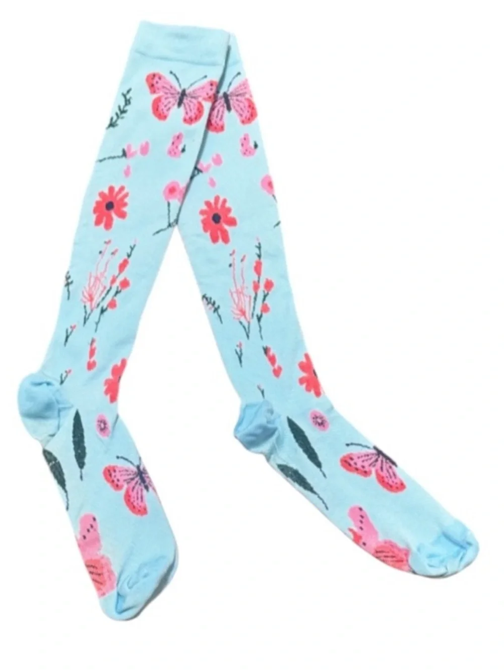 Light blue pink floral butterfly print knee high compression socks